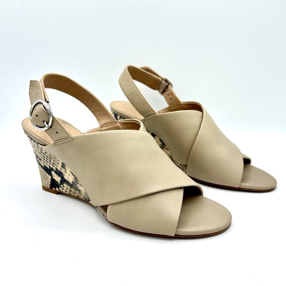 Banana Republic Taupe Leather Crossover Wedge Sandals~Size 7.5~ Snakeskin Heel - Picture 1 of 15